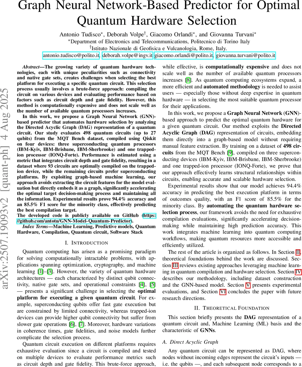 Graph Neural Network-Based Predictor for Optimal Quantum Hardware Selection