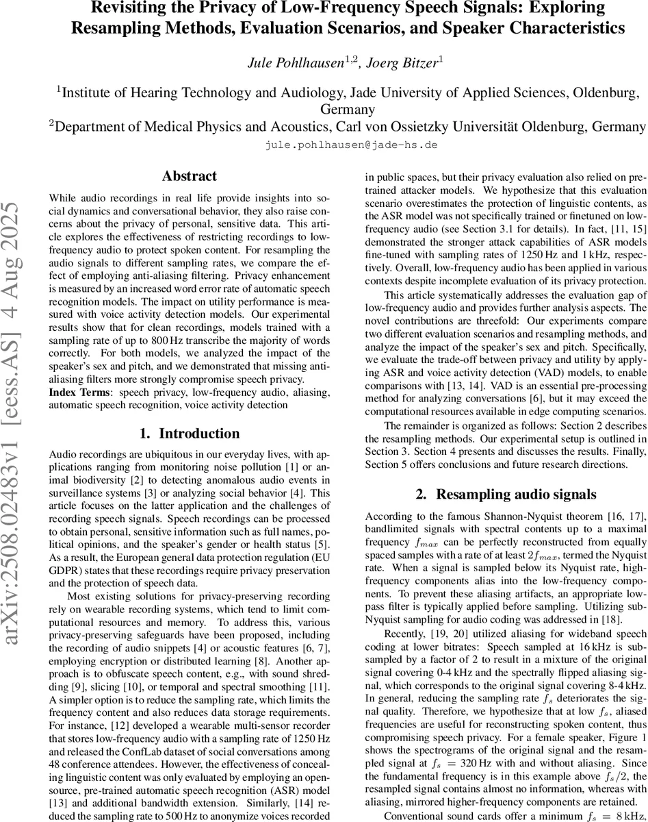 Revisiting the Privacy of Low-Frequency Speech Signals: Exploring Resampling Methods, Evaluation Scenarios, and Speaker Characteristics