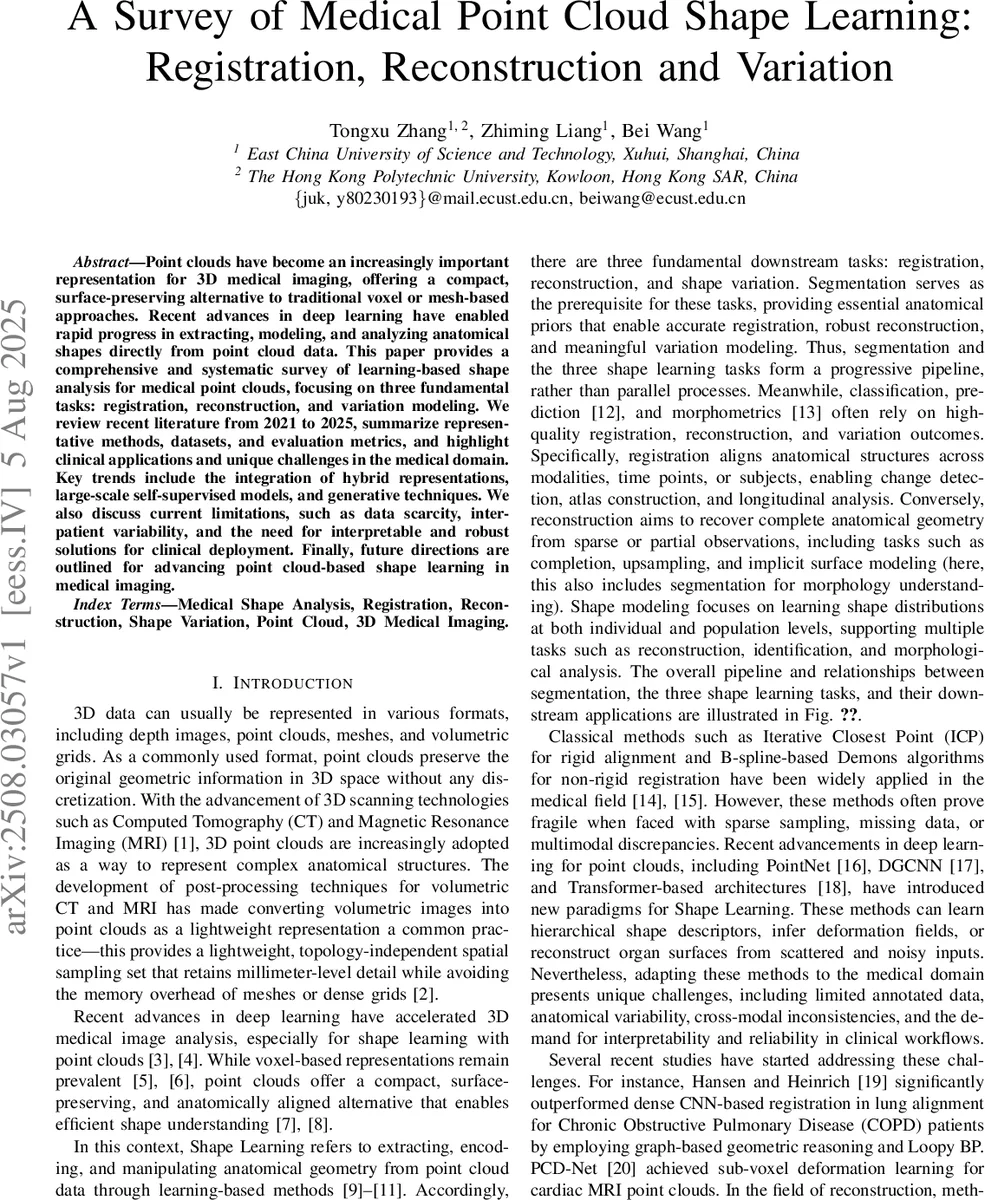 A Survey of Medical Point Cloud Shape Learning: Registration, Reconstruction and Variation