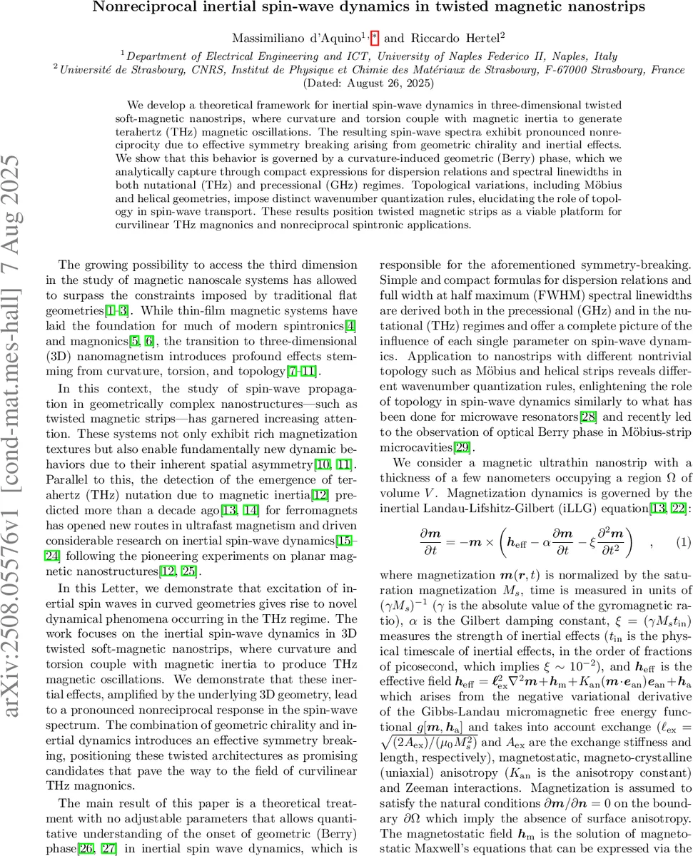 Nonreciprocal inertial spin-wave dynamics in twisted magnetic nanostrips