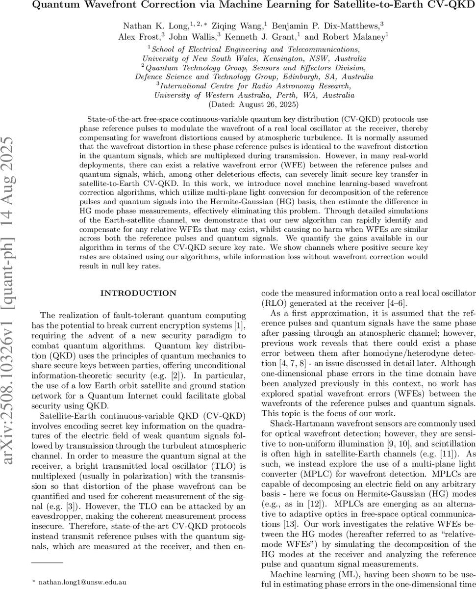 Quantum Wavefront Correction via Machine Learning for Satellite-to-Earth CV-QKD