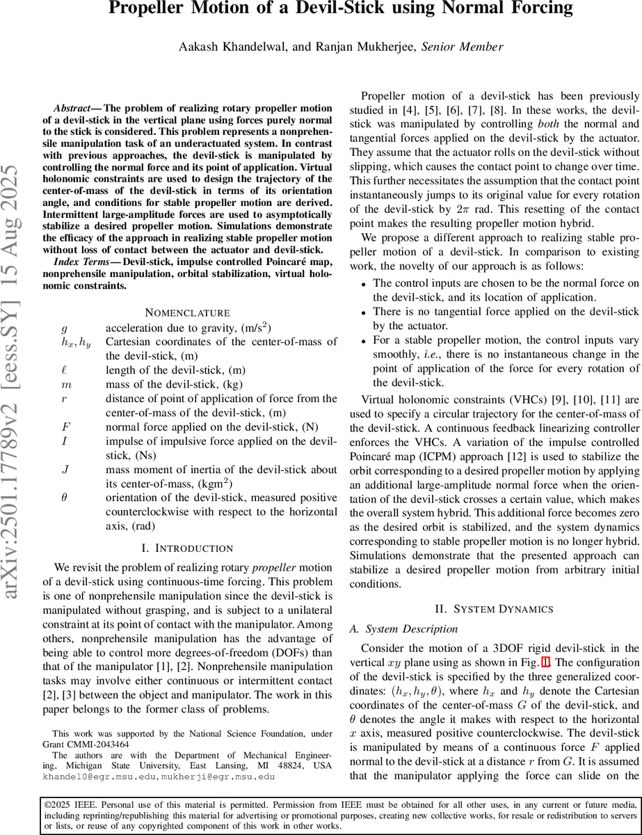 Propeller Motion of a Devil-Stick using Normal Forcing