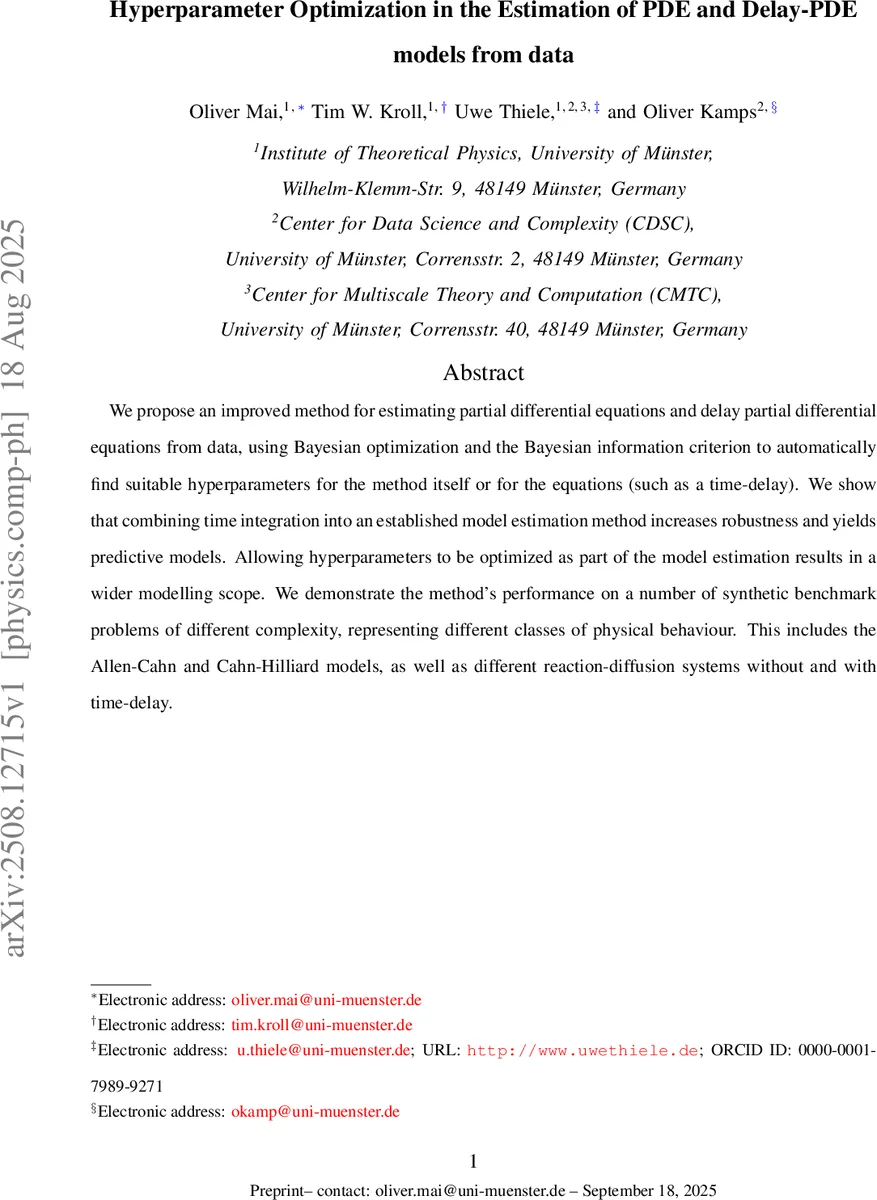 Hyperparameter Optimization in the Estimation of PDE and Delay-PDE models from data