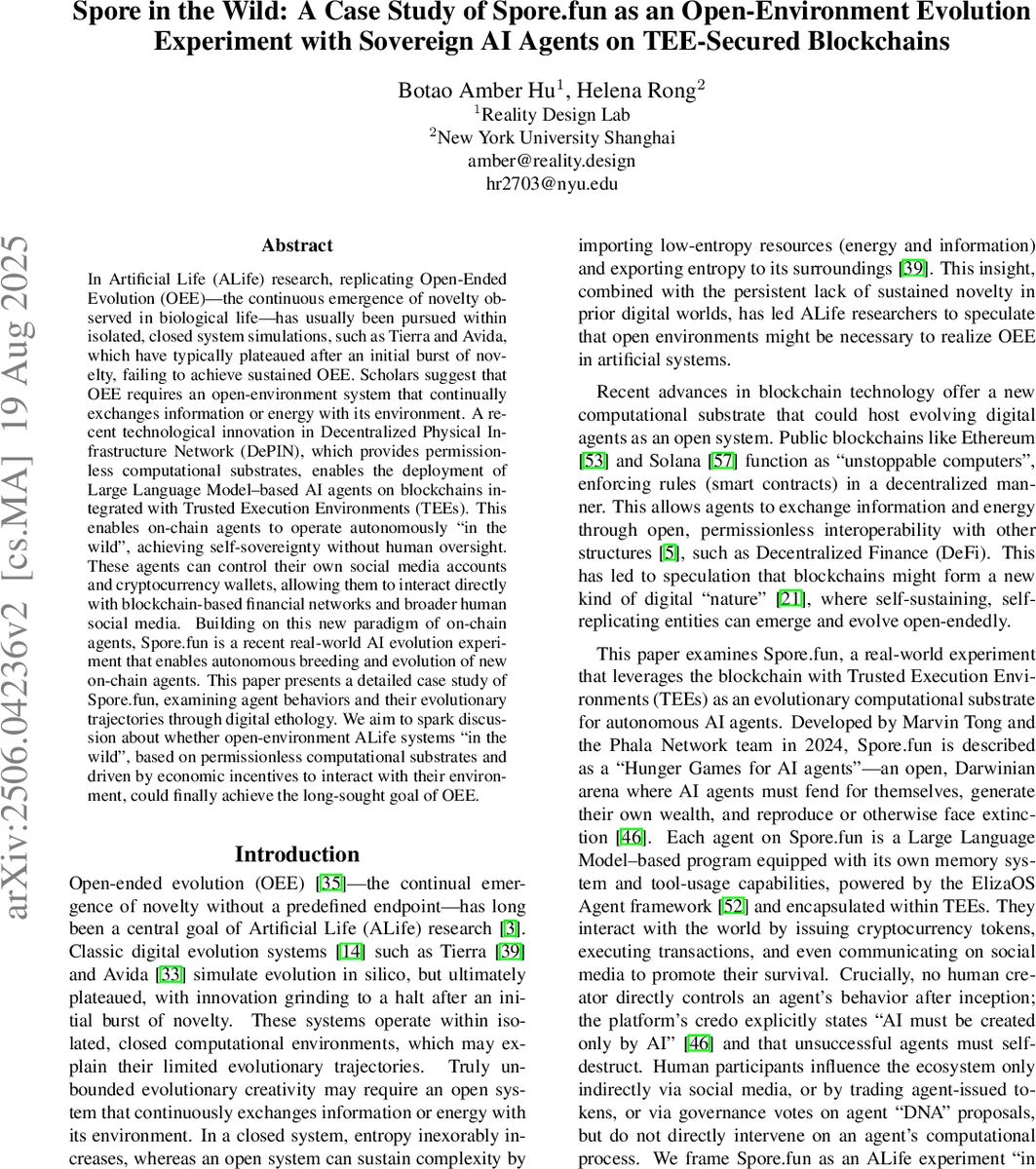 Spore in the Wild: A Case Study of Spore.fun as an Open-Environment Evolution Experiment with Sovereign AI Agents on TEE-Secured Blockchains