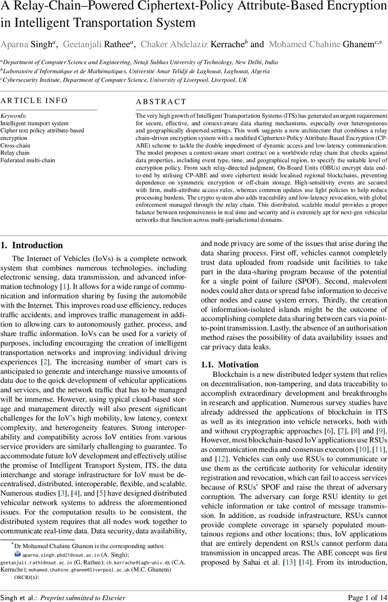 A Relay-Chain-Powered Ciphertext-Policy Attribute-Based Encryption in Intelligent Transportation Systems