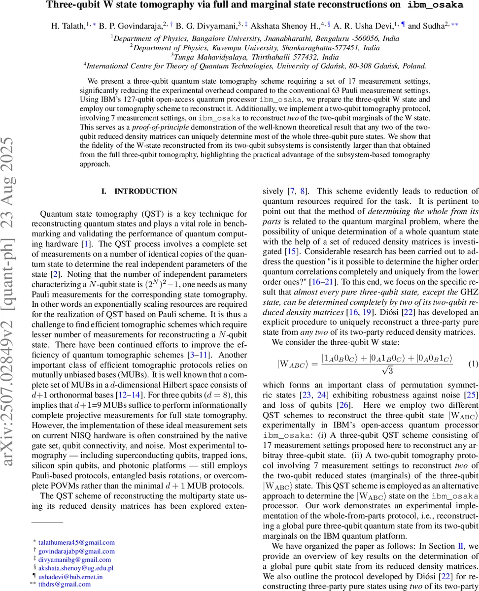 Three-qubit W state tomography via full and marginal state reconstructions on ibm_osaka