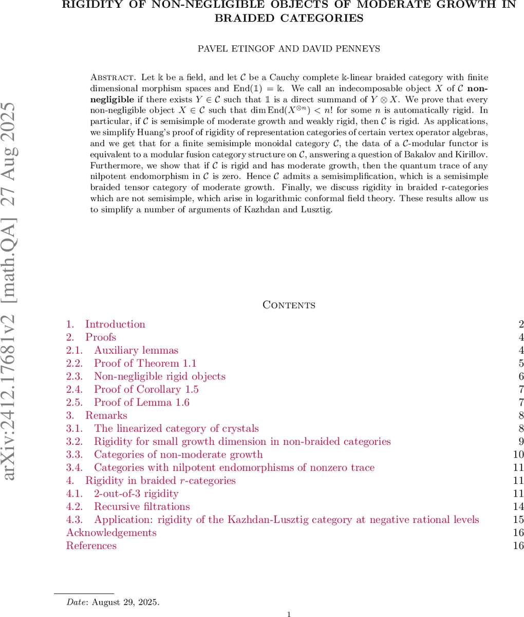 Rigidity of non-negligible objects of moderate growth in braided categories