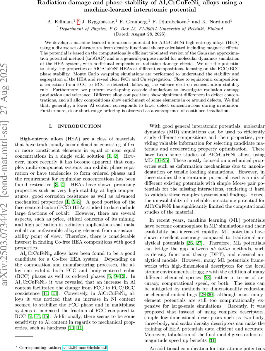 Radiation damage and phase stability of Al$_x$CrCuFeNi$_y$ alloys using a machine-learned interatomic potential