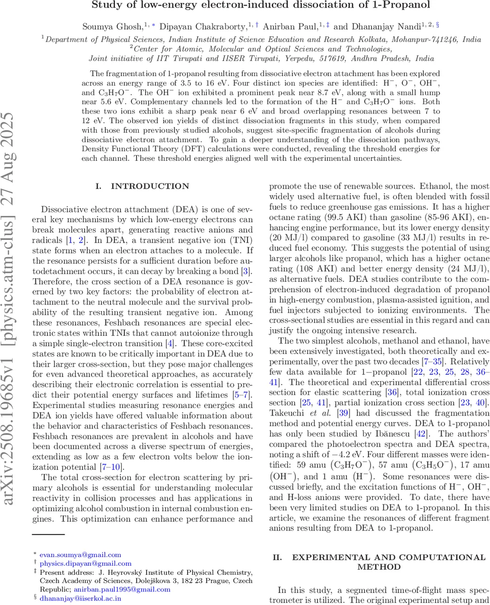 Study of low-energy electron-induced dissociation of 1-Propanol