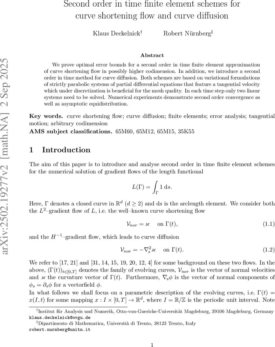 Second order in time finite element schemes for curve shortening flow and curve diffusion