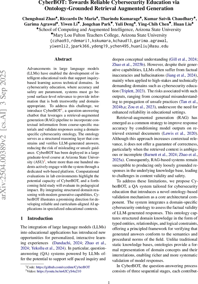 CyberBOT: Towards Reliable Cybersecurity Education via Ontology-Grounded Retrieval Augmented Generation