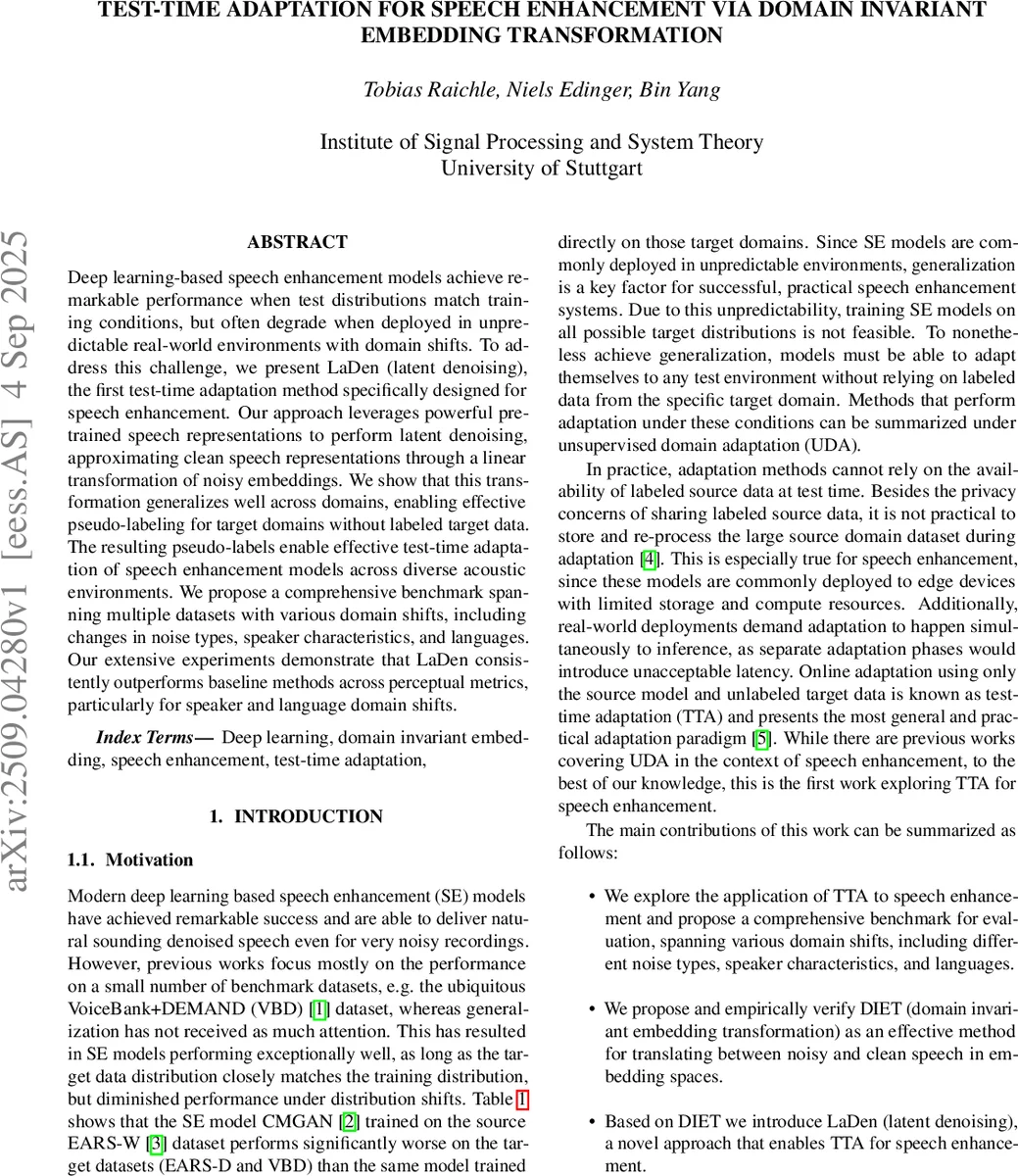 Test-Time Adaptation for Speech Enhancement via Domain Invariant Embedding Transformation