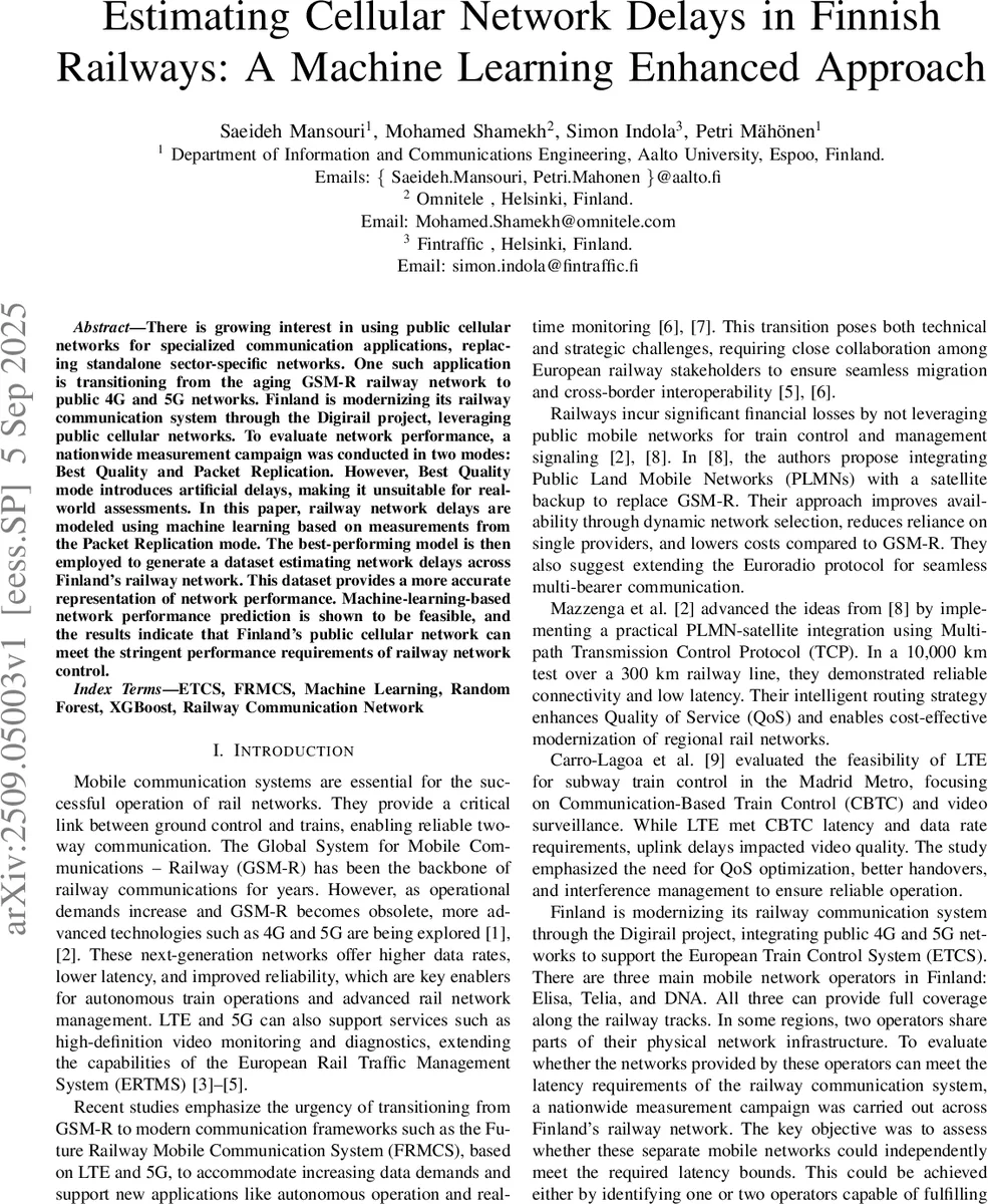 Estimating Cellular Network Delays in Finnish Railways: A Machine Learning Enhanced Approach