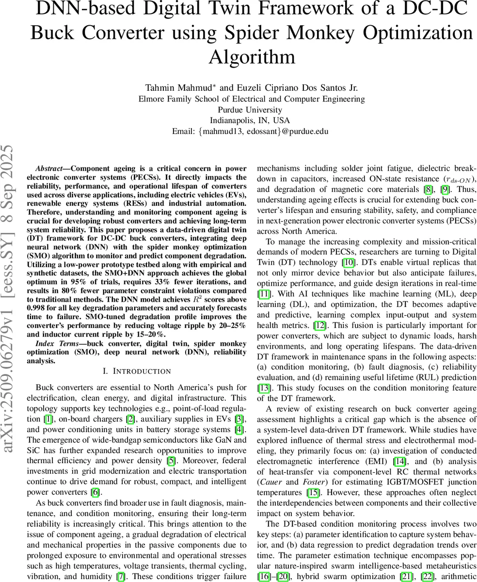 DNN-based Digital Twin Framework of a DC-DC Buck Converter using Spider Monkey Optimization Algorithm