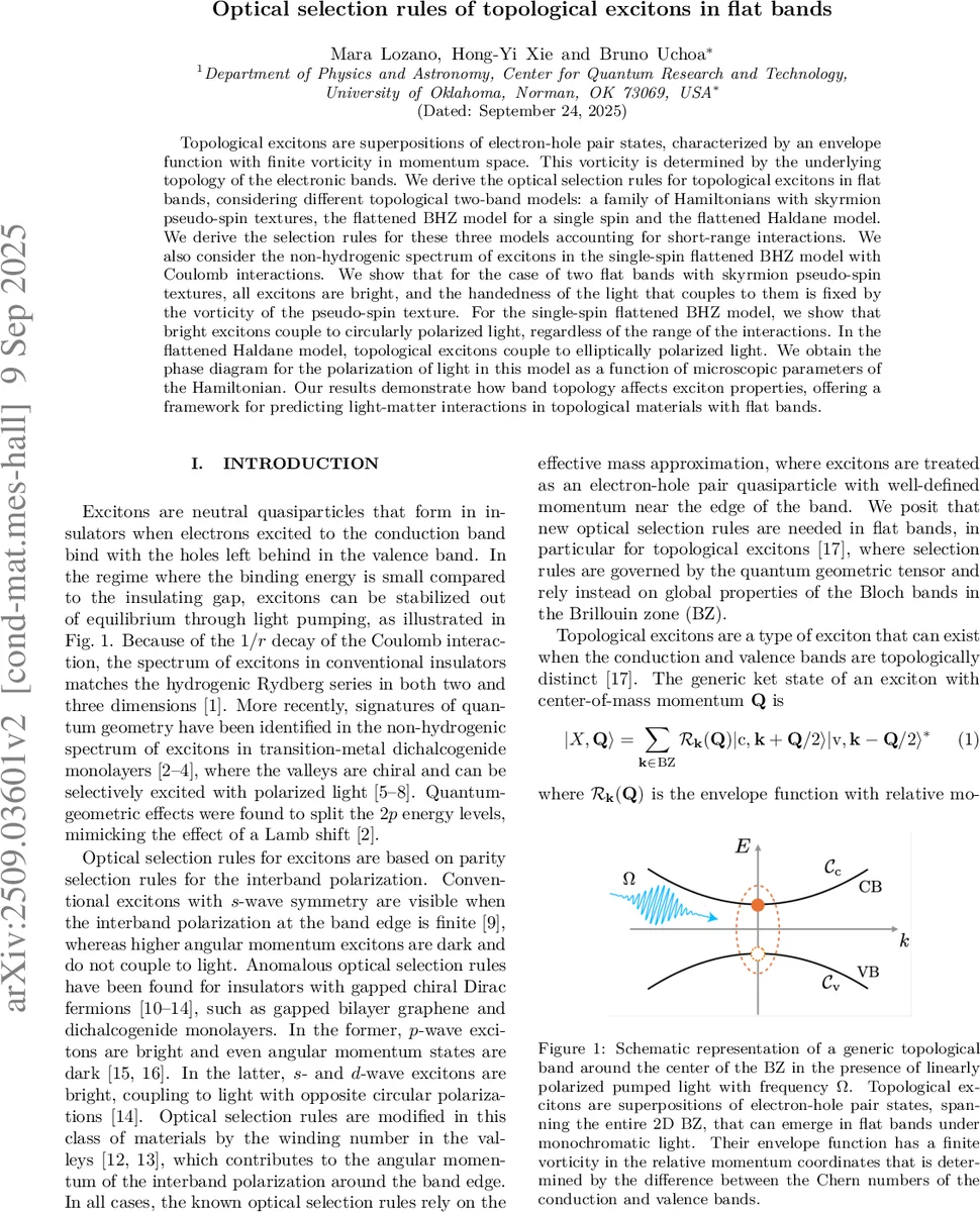 Optical selection rules of topological excitons in flat bands