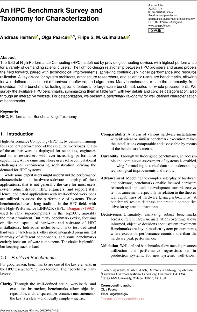 An HPC Benchmark Survey and Taxonomy for Characterization