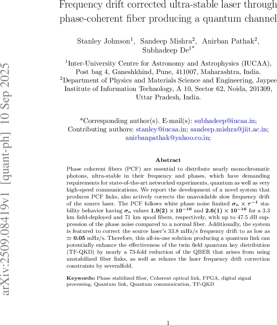 Frequency drift corrected ultra-stable laser through phase-coherent fiber producing a quantum channel