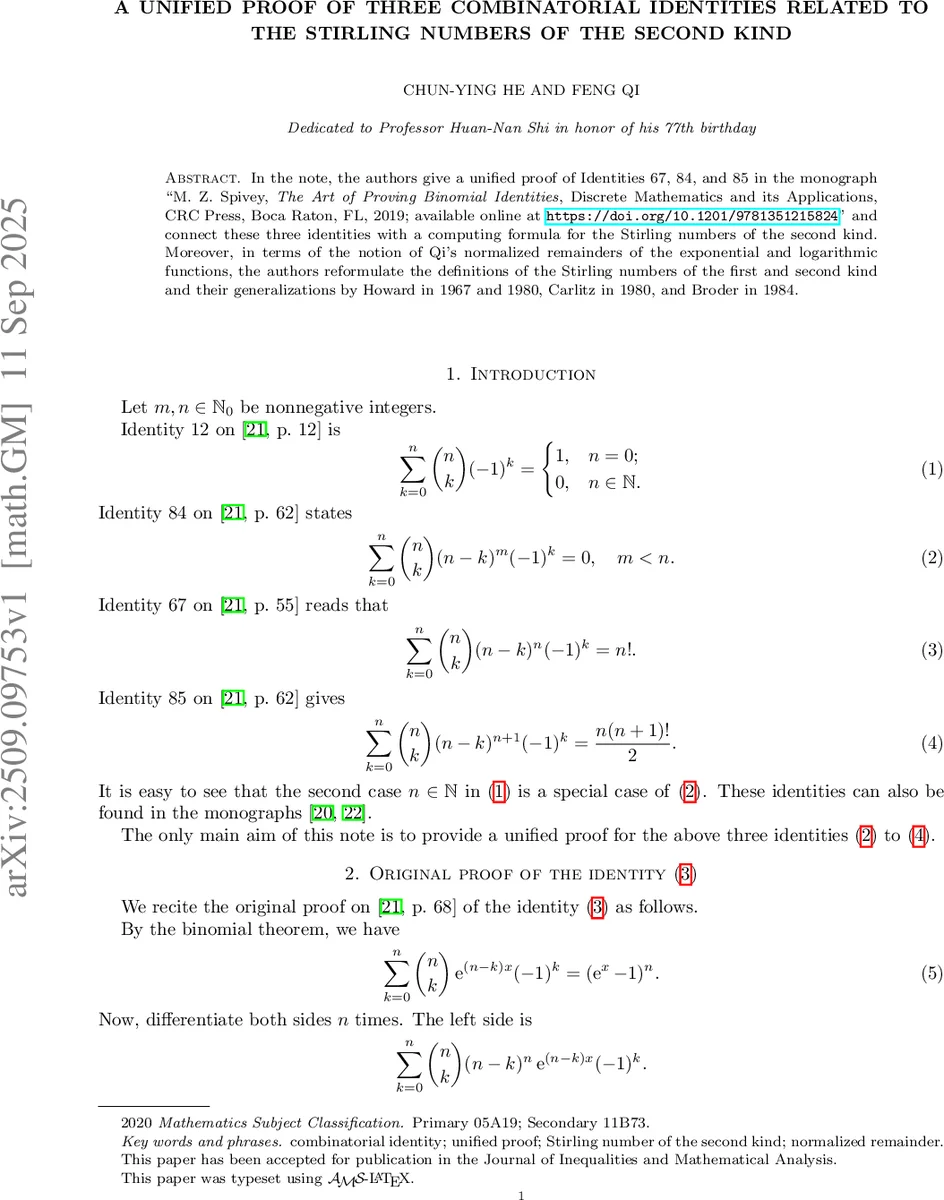 A Unified Proof of Three Combinatorial Identities Related to the Stirling Numbers of the Second Kind