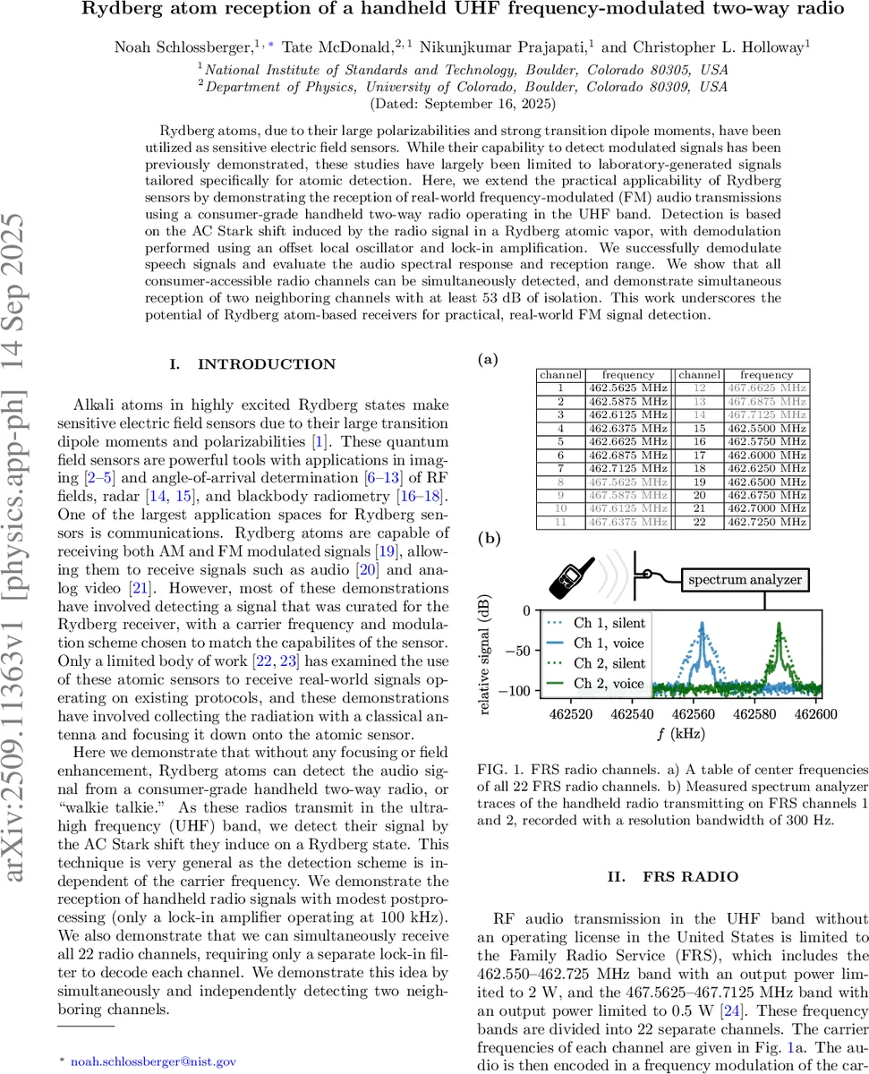 Rydberg atom reception of a handheld UHF frequency-modulated two-way radio