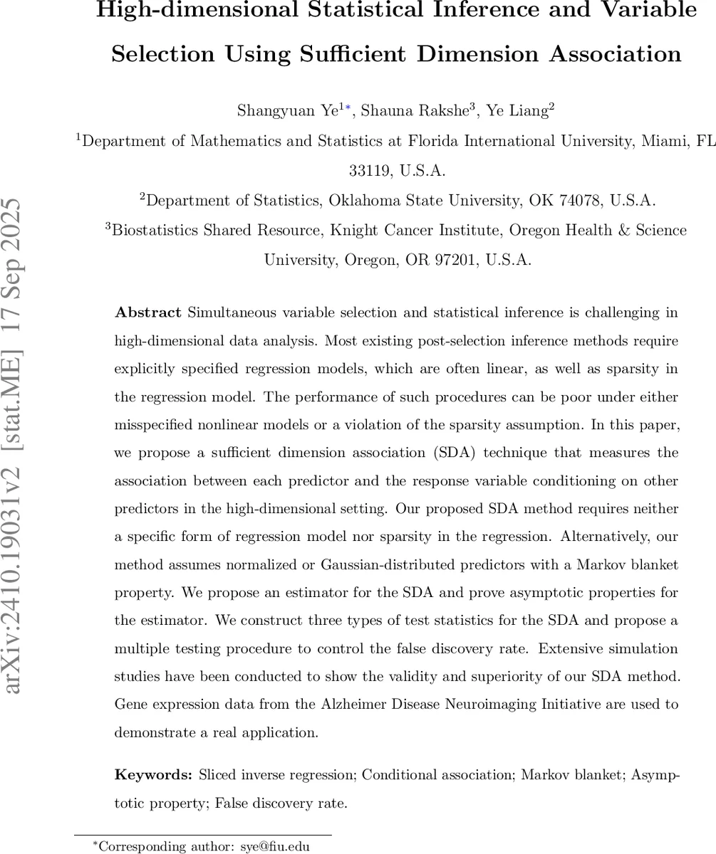 High-dimensional Statistical Inference and Variable Selection Using Sufficient Dimension Association