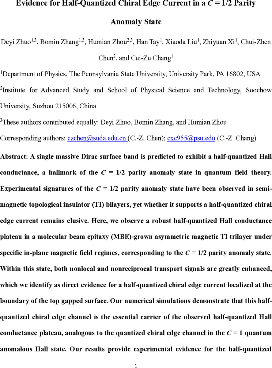 Evidence for Half-Quantized Chiral Edge Current in a C = 1/2 Parity Anomaly State
