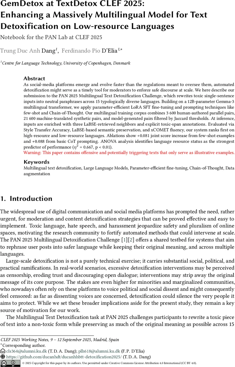 GemDetox at TextDetox CLEF 2025: Enhancing a Massively Multilingual Model for Text Detoxification on Low-resource Languages