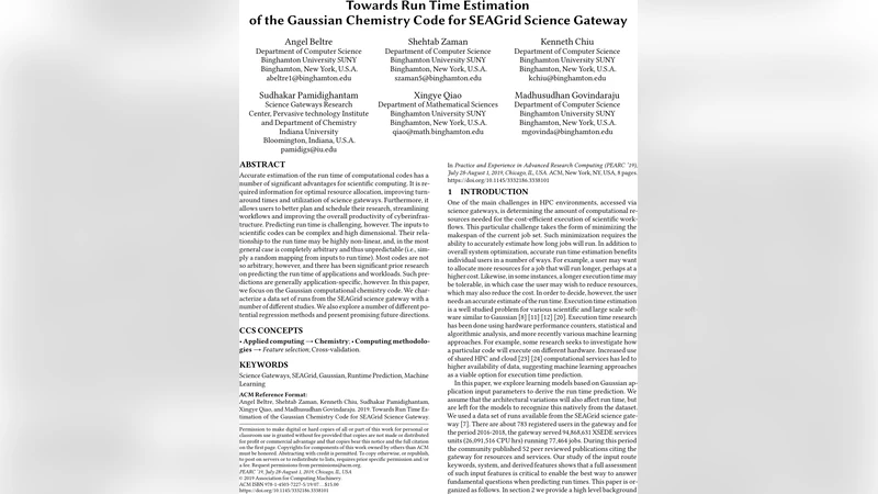 Towards Run Time Estimation of the Gaussian Chemistry Code for SEAGrid Science Gateway