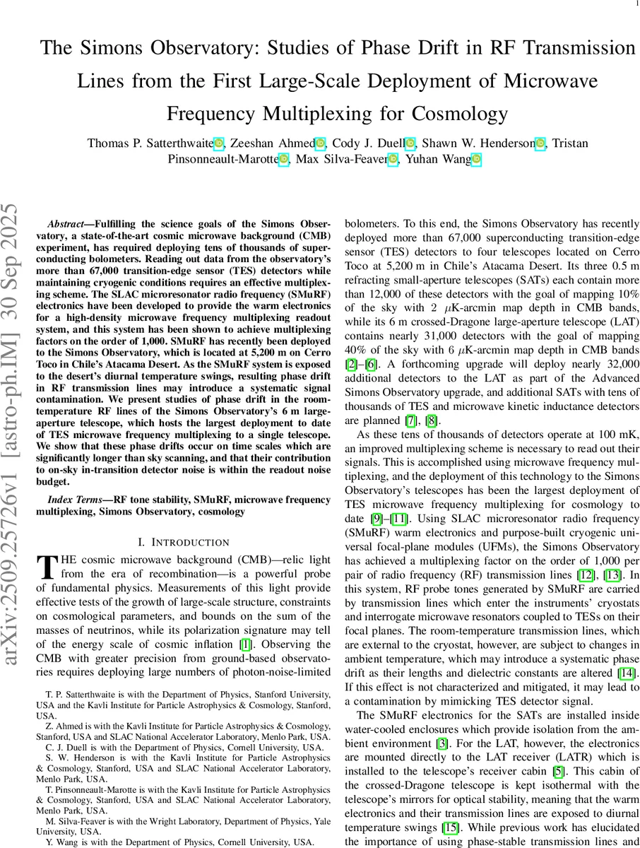 The Simons Observatory: Studies of Phase Drift in RF Transmission Lines from the First Large-Scale Deployment of Microwave Frequency Multiplexing for Cosmology