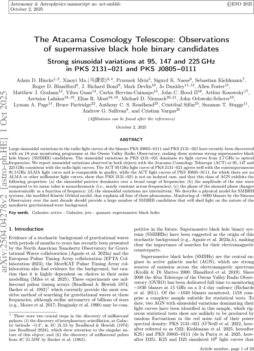 Atacama Cosmology Telescope: Observations of supermassive black hole binary candidates. Strong sinusoidal variations at 95, 147 and 225 GHz in PKS 2131$-$021 and PKS J0805$-$0111