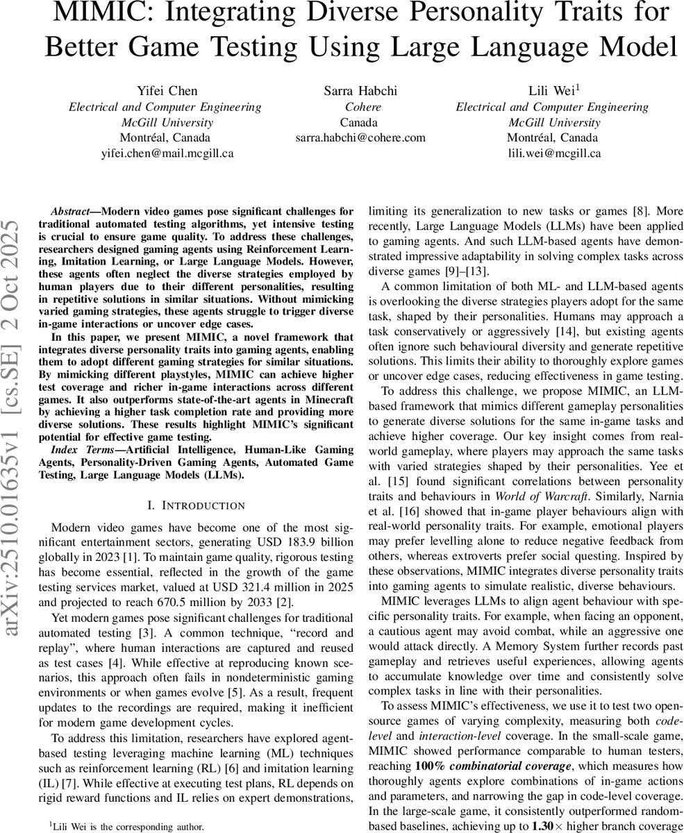 MIMIC: Integrating Diverse Personality Traits for Better Game Testing Using Large Language Model