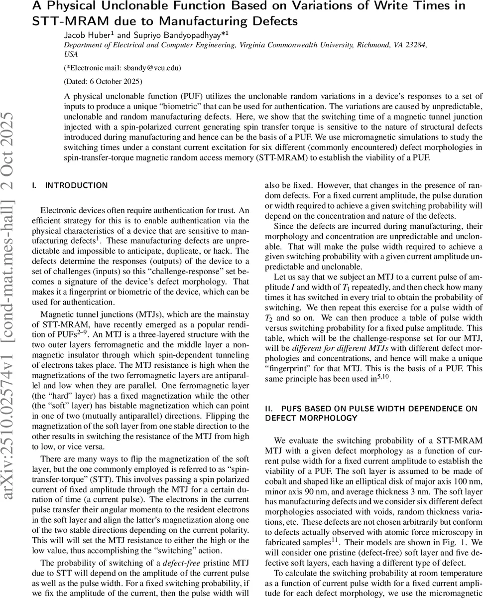 A Physical Unclonable Function Based on Variations of Write Times in STT-MRAM due to Manufacturing Defects