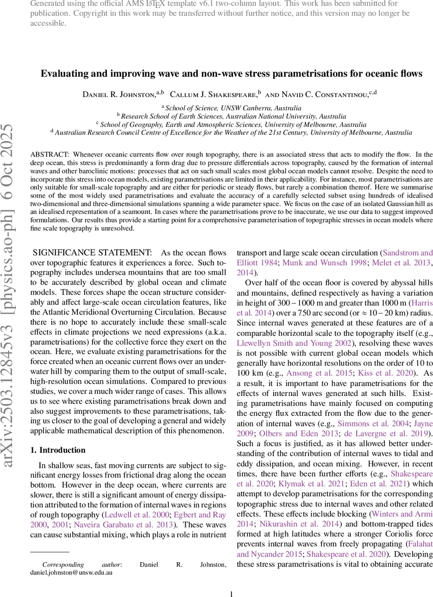 Evaluating and improving wave and non-wave stress parametrisations for oceanic flows