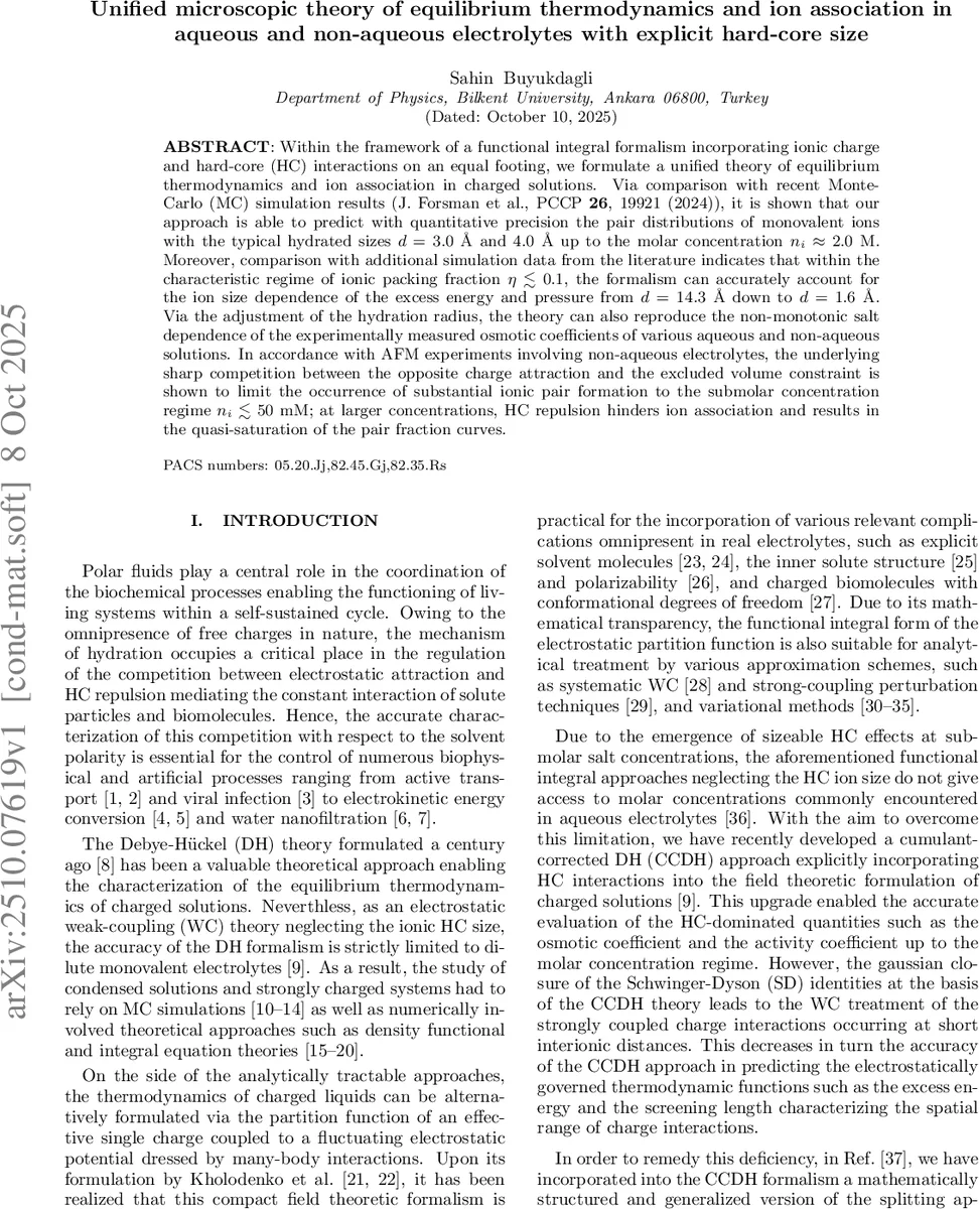 Unified microscopic theory of equilibrium thermodynamics and ion association in aqueous and non-aqueous electrolytes with explicit hard-core size