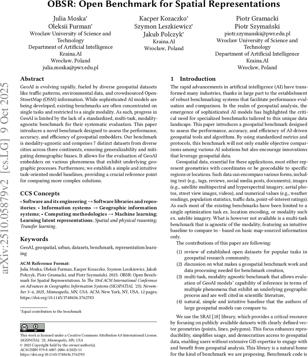 OBSR: Open Benchmark for Spatial Representations