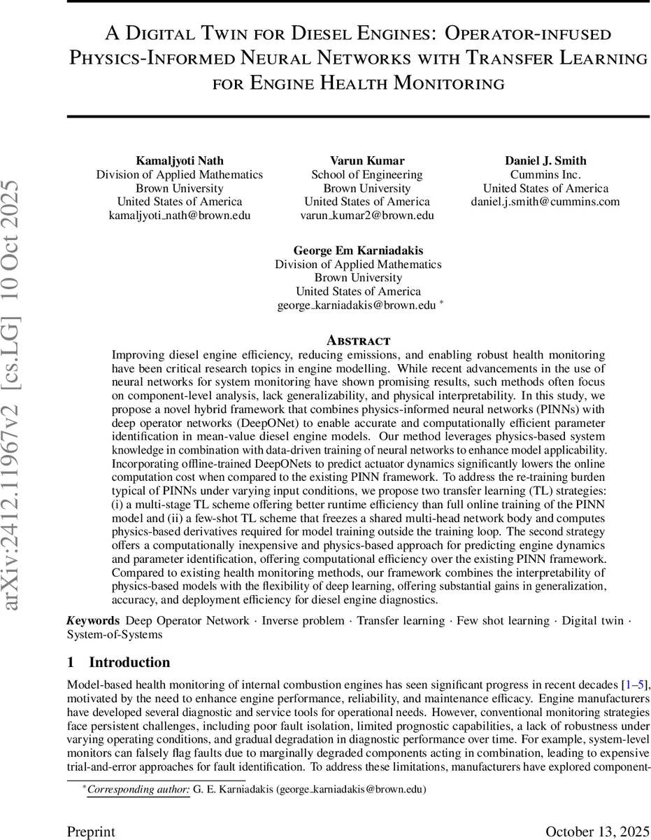 A Digital Twin for Diesel Engines: Operator-infused Physics-Informed Neural Networks with Transfer Learning for Engine Health Monitoring