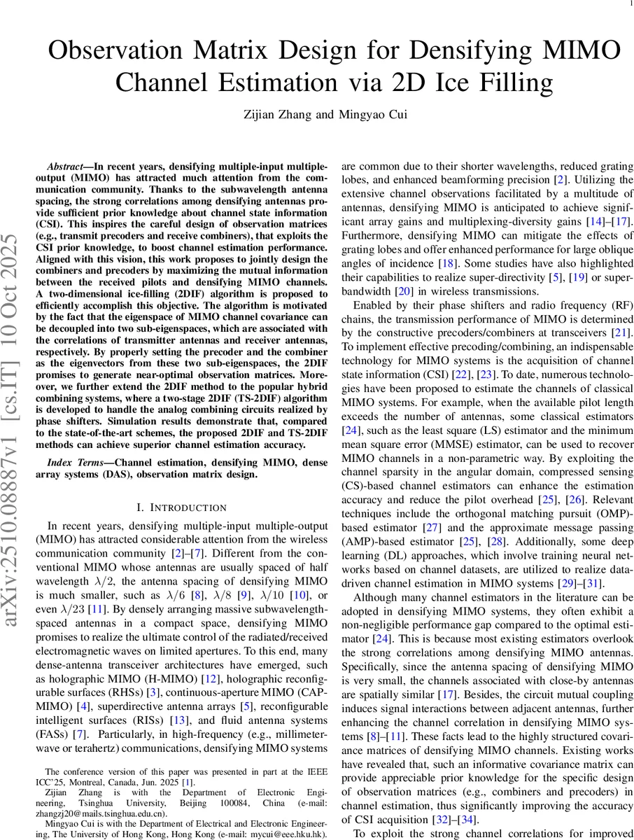 Observation Matrix Design for Densifying MIMO Channel Estimation via 2D Ice Filling