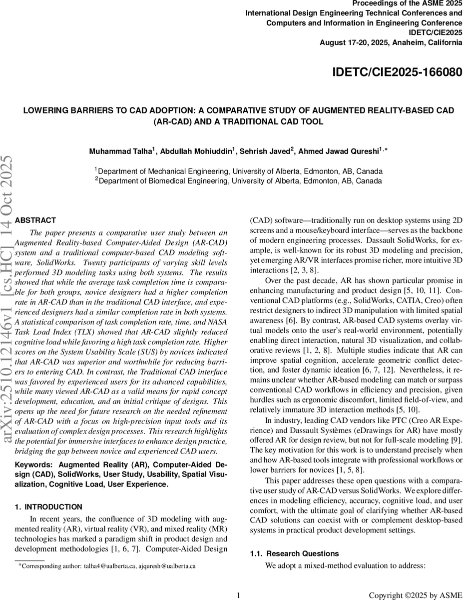 Lowering Barriers to CAD Adoption: A Comparative Study of Augmented Reality-Based CAD (AR-CAD) and a Traditional CAD tool