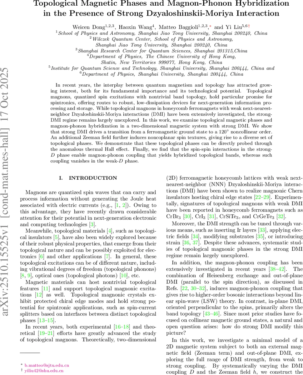 Topological Magnetic Phases and Magnon-Phonon Hybridization in the Presence of Strong Dzyaloshinskii-Moriya Interaction