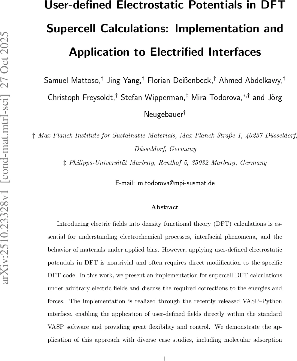 User-defined Electrostatic Potentials in DFT Supercell Calculations: Implementation and Application to Electrified Interfaces