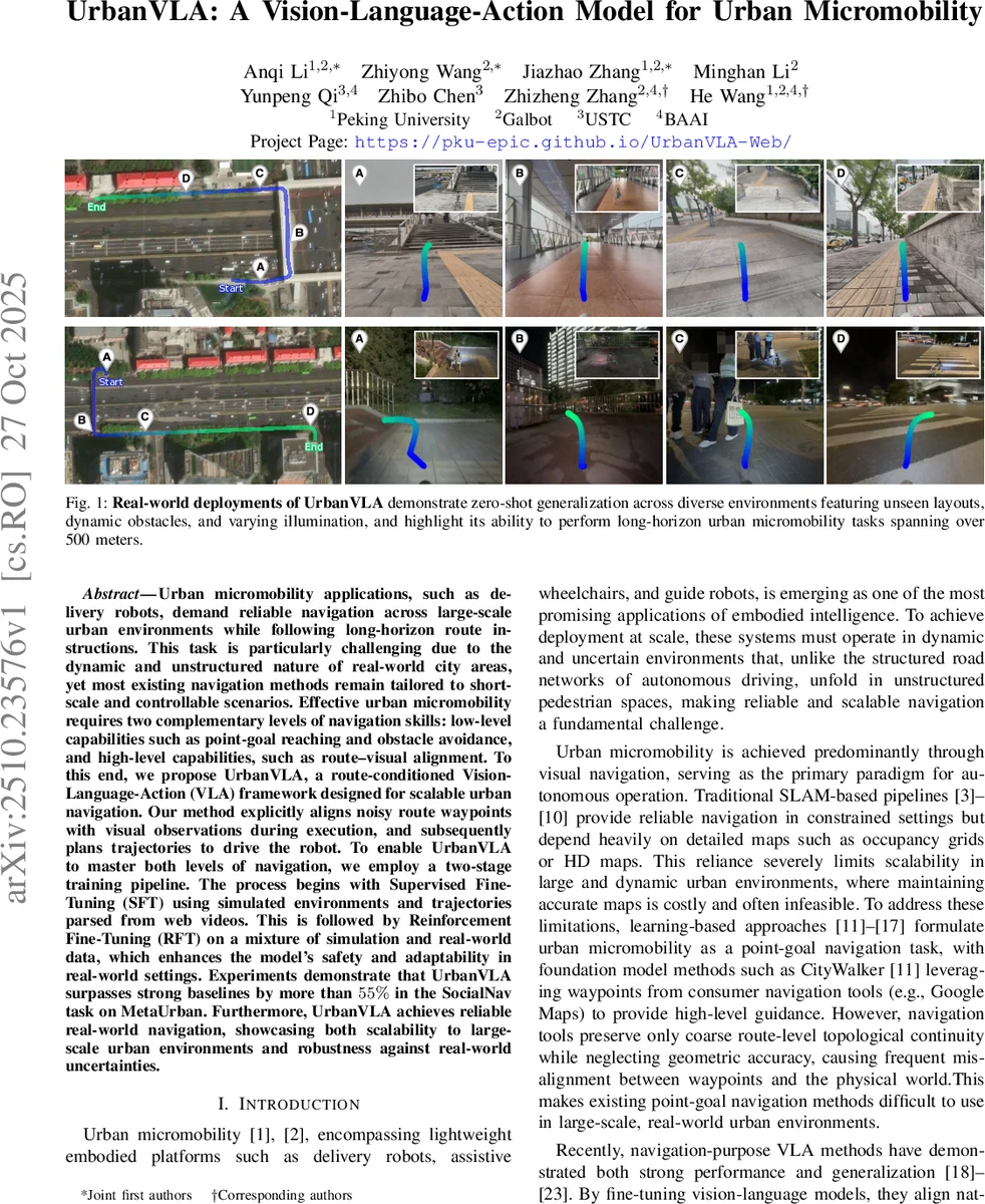 UrbanVLA: A Vision-Language-Action Model for Urban Micromobility