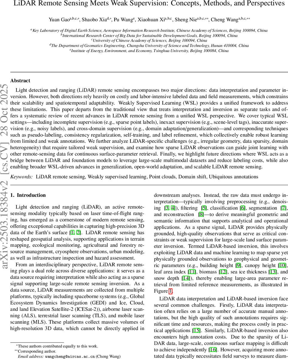 LiDAR Remote Sensing Meets Weak Supervision: Concepts, Methods, and Perspectives