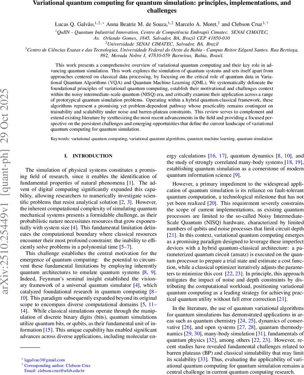 Variational quantum computing for quantum simulation: principles, implementations, and challenges