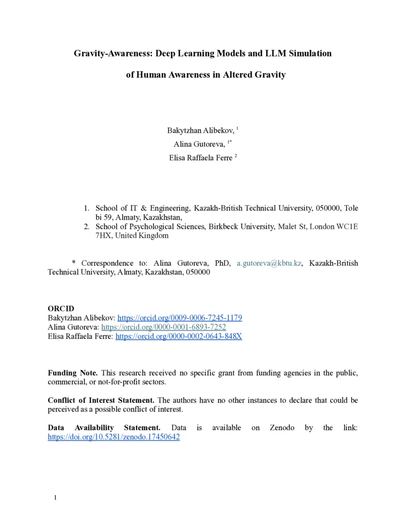 Gravity-Awareness: Deep Learning Models and LLM Simulation of Human Awareness in Altered Gravity