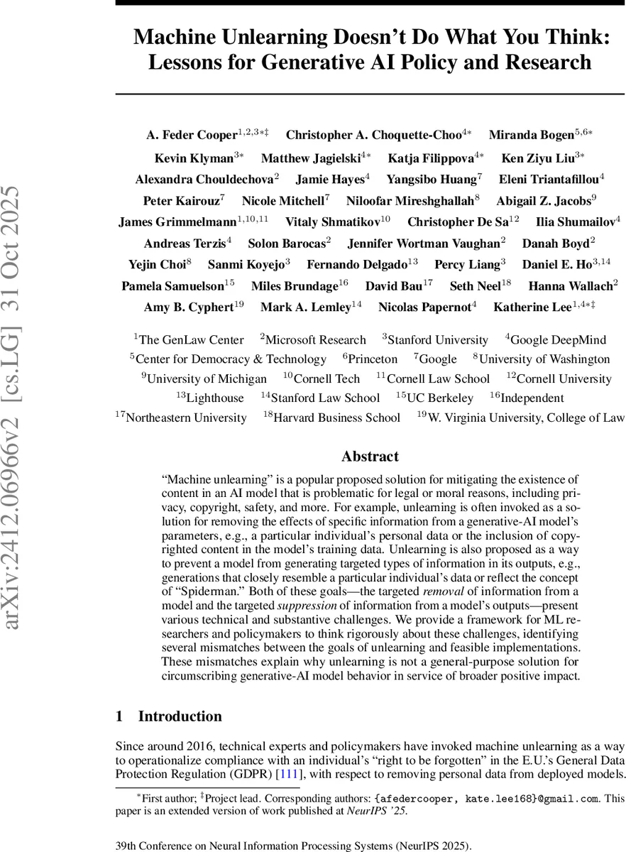 Machine Unlearning Doesn't Do What You Think: Lessons for Generative AI Policy and Research