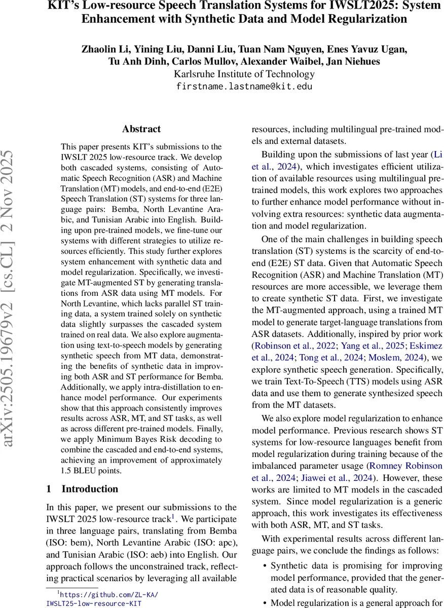 KIT's Low-resource Speech Translation Systems for IWSLT2025: System Enhancement with Synthetic Data and Model Regularization