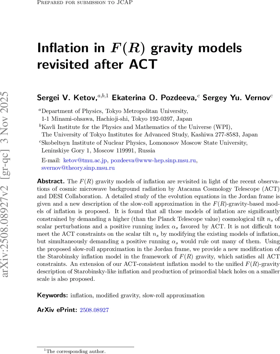 Inflation in $F(R)$ gravity models revisited after ACT