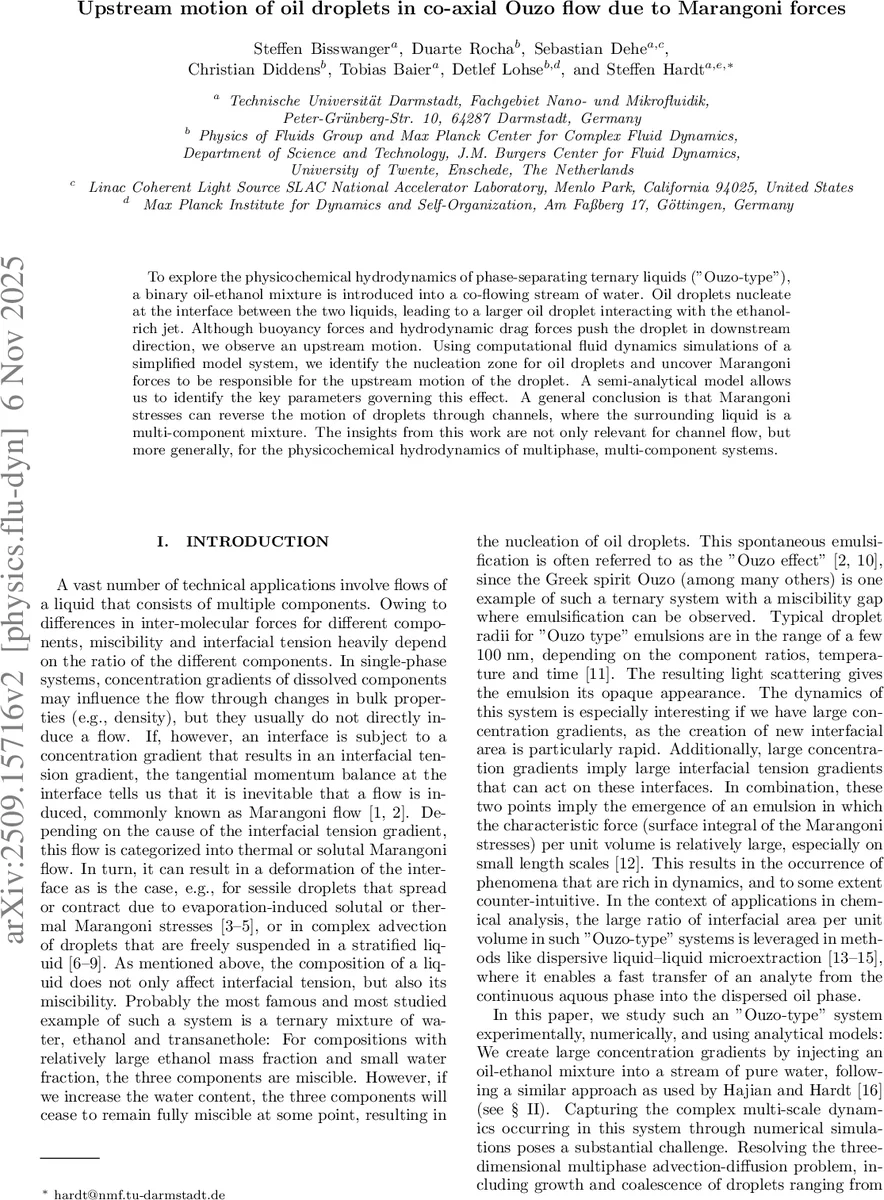 Upstream motion of oil droplets in co-axial Ouzo flow due to Marangoni forces