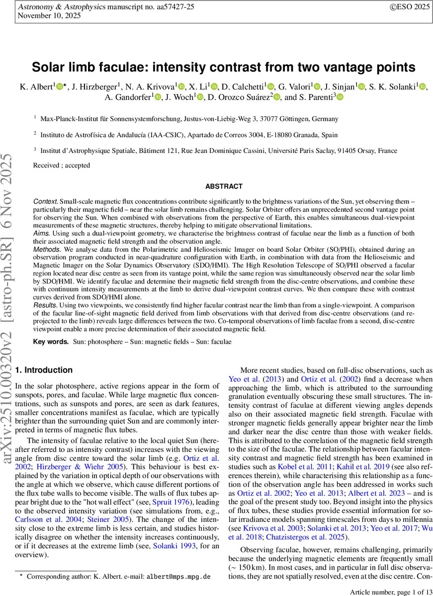Solar limb faculae: intensity contrast from two vantage points