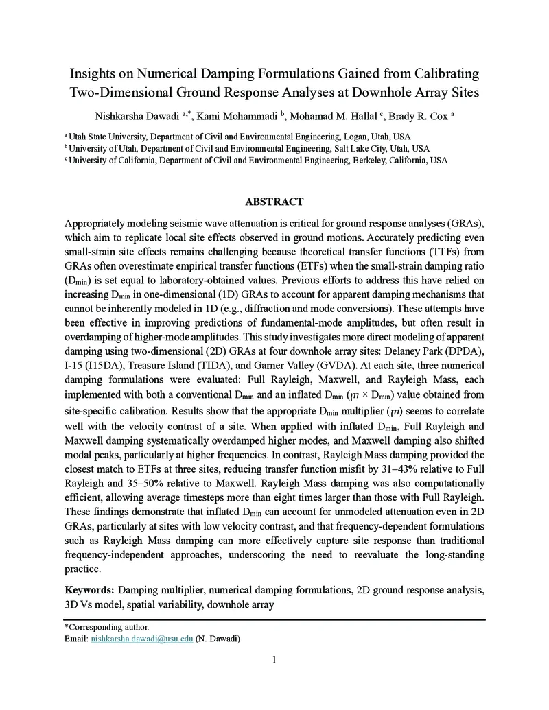 Insights on Numerical Damping Formulations Gained from Calibrating Two-Dimensional Ground Response Analyses at Downhole Array Sites