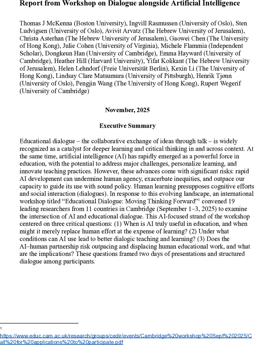 Report from Workshop on Dialogue alongside Artificial Intelligence